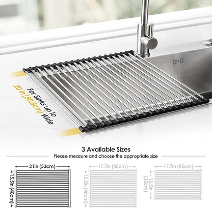 Tomorotec 21" x 15.5" Roll Up Dish Drying Rack Over Sink Drying Rack Sink Cover Kitchen Sink Accessories Gadget Multipurpose Organizer Foldable Stainless Steel Drainer - Image 4