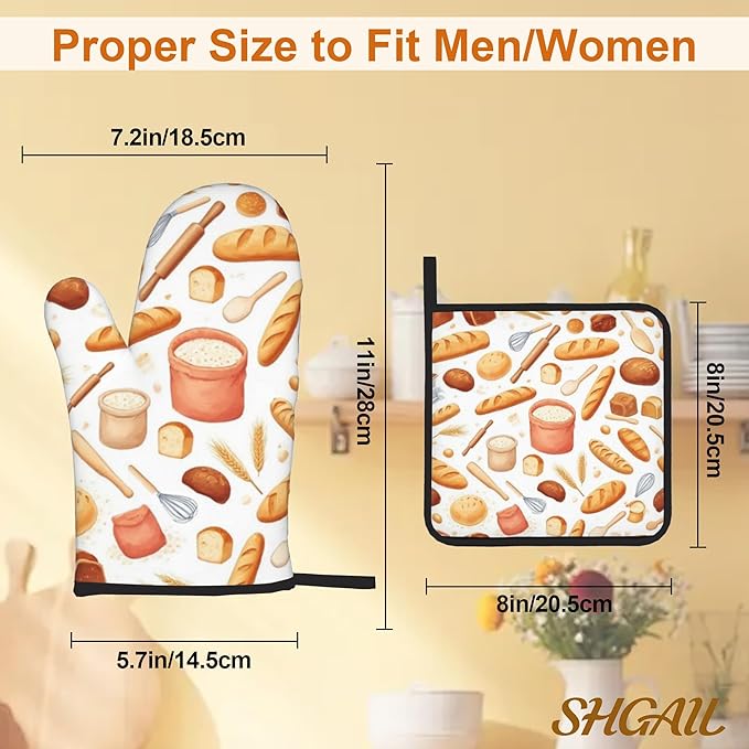 Kitchen Bread Oven Mitts with Matching Potholders - Heat Resistant Kitchen Accessories for Baking, Grilling, Cooking, Gifts for Women