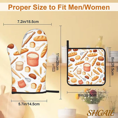 Kitchen Bread Oven Mitts with Matching Potholders - Heat Resistant Kitchen Accessories for Baking, Grilling, Cooking, Gifts for Women