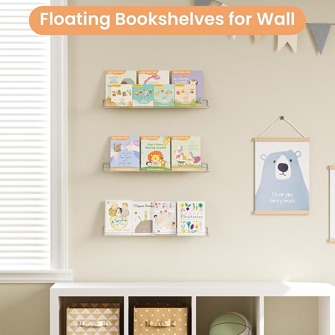 upsimples 2 Pack 23.6x5.5 Inches Acrylic Shelves for Wall Storage, Floating Bookshelves for Kids, Display Shelf Organizer for Bathroom, Bedroom, Living Room, Kitchen, Clear - Image 4