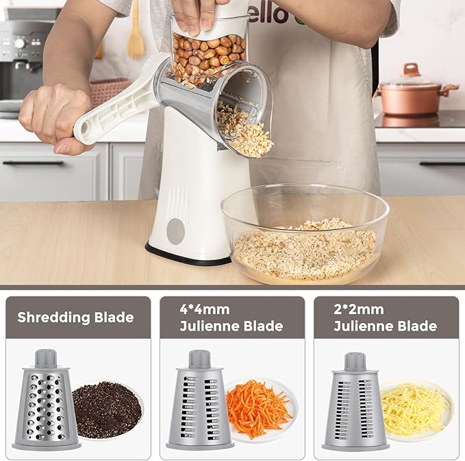 X Home 5-in-1 Rotary Cheese Grater for Kitchen, Upgraded Hand Crank Shredder with Stronger Suction Base & Multifunctional Drum Blades, for Cheese, Vegetables and Nuts, Easy to Use and Clean, White - Image 3