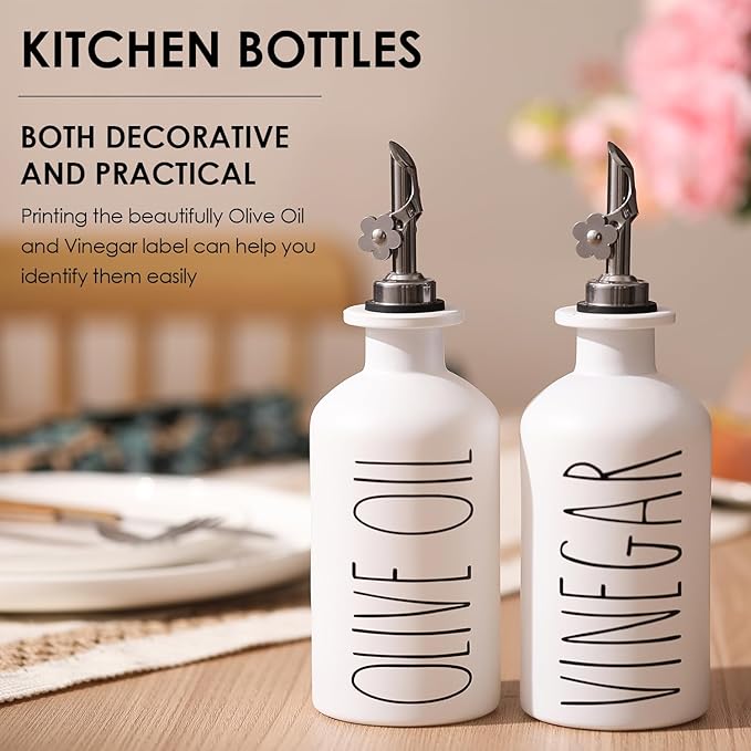 HOMCDALY Premium Olive Oil Dispenser for Kitchen, 11.8oz Glass Oil Bottles with Bamboo Tray, White Oil&Vinegar Cruet Set, Kitchen Dispenser Bottles with Pourer| Set of 2 (11.8oz –P–White) - Image 5