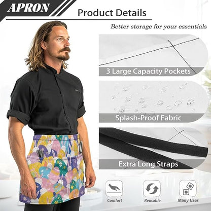 Server Apron with 3 Pockets, Waterproof Oil Waitress Waiter Half Apron for Restaurant Hotel Kitchen Cafe