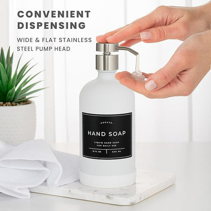 Hand and Dish Soap Dispenser for Kitchen and Bathroom, Set of 2 16 Oz Glass Bottles, Stainless Steel Pumps, Non-Slip Silicone Base, 27 Waterproof Labels (Matte White Bottle/Brushed Silver Pump) - Image 4