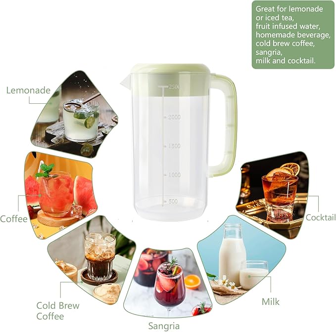 0.6 Gallon 2.5 Litre Clear Plastic Pitcher with Lid, 2 Pack Clear Water Pitchers for Cold Drinks, Iced Tea Jug for Lemonade, Iced Tea, Milk, Juice, Beverages - Image 4