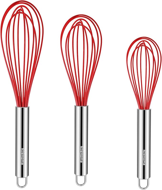 NileHome Whisk Commercial Stainless Steel wisk & Silicone Non-Stick Coated Small Whisk Set 8" 10" 12" Kitchen Wisk Wire Whisks for Cooking 3 Pack, Red by NileHome