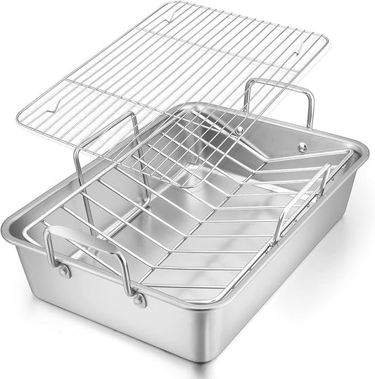 E-far Roasting Pan, 16 x 11.5 Inch Stainless Steel Turkey Roaster with V-shaped & Flat Rack, Non-toxic & Heavy Duty Deep Broiling Pan, Dishwasher Safe - Large