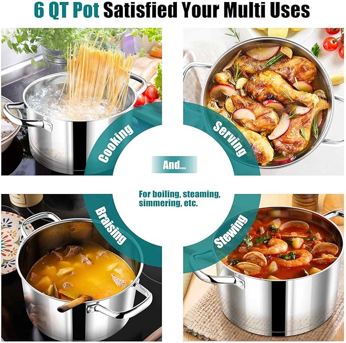 P&P CHEF 6 Quarts Cooking Stock Pot with Lid, Stainless Steel Stockpot Induction Pot for Soup, Tri-Ply Bottom & Clear Glass Lid & Double Handle, Dishwasher Safe - Image 6