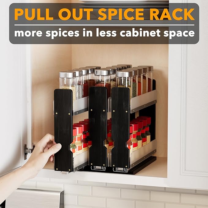 SpaceAid Bamboo Pull Out Spice Rack Organizer for Cabinet, Heavy Duty Slide Out Seasoning Kitchen Pantry Sliding Vertical Organization, 7.6" Wide, 3 Drawers(2" Wide), 2-Tier, Black - Image 5