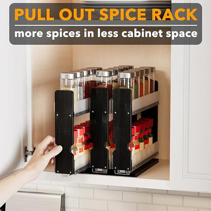 SpaceAid Bamboo Pull Out Spice Rack Organizer for Cabinet, Heavy Duty Slide Out Seasoning Kitchen Pantry Sliding Vertical Organization, 7.6" Wide, 3 Drawers(2" Wide), 2-Tier, Black - Image 5