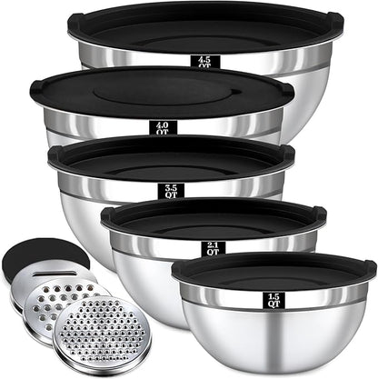 8PCS Mixing Bowls with Lids Set - 5 Nesting Mixing Bowls, 3 Grater Attachments, Lids, Stainless Steel Mixing Bowls for Mixing & Serving, Size 1.5/2.1/3.5/4/4.5 QT, Black by Boskermeal