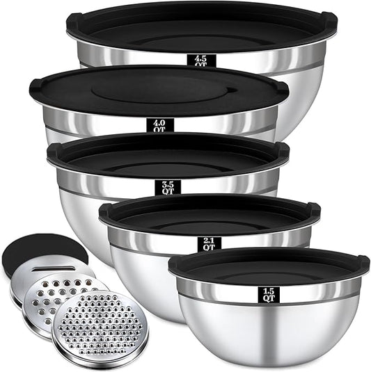 8PCS Mixing Bowls with Lids Set - 5 Nesting Mixing Bowls, 3 Grater Attachments, Lids, Stainless Steel Mixing Bowls for Mixing & Serving, Size 1.5/2.1/3.5/4/4.5 QT, Black by Boskermeal