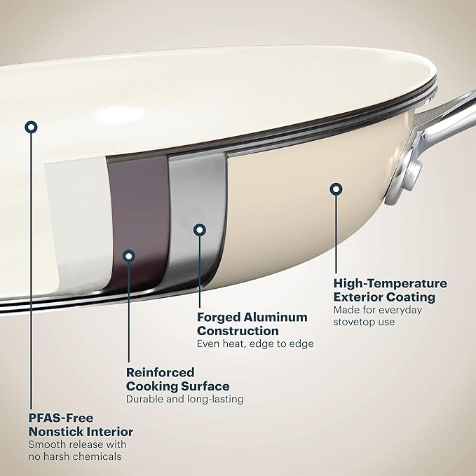 Pyrex 10.8-Inch Deep Fry Pan Ceramic Cookware with Lid & Stainless Steel Handles, Healthy Nonstick Ceramic Coating, Induction Compatible Stainless Steel, PFAS Lead Cadmium BPA Free