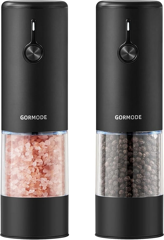 Black Stainless Steel Electric Salt and Pepper Grinder Set with Dust Cover – Rechargeable Automatic Pepper Mill, LED Light, Adjustable Coarseness (2 Pack) by GORMODEOfficial