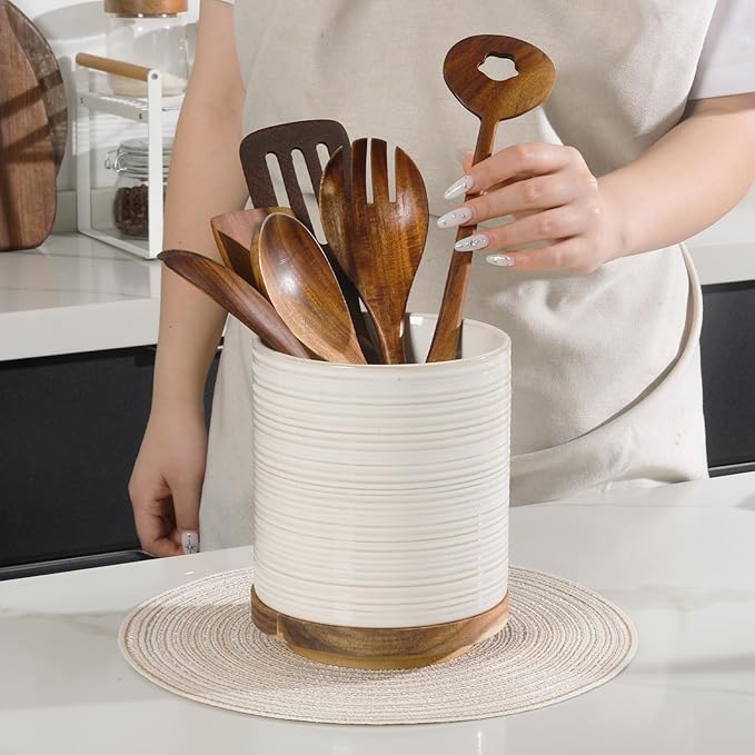 DOWAN 360° Rotating Extra Large Cooking Utensil Holder, 7.6" Kitchen Utensil Holder for Countertop, Utensil Crock for Farmhouse Kitchen Decor, Ceramic Stable Utensil Caddy, Soft White - Image 8