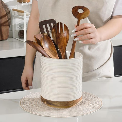 DOWAN 360° Rotating Extra Large Cooking Utensil Holder, 7.6" Kitchen Utensil Holder for Countertop, Utensil Crock for Farmhouse Kitchen Decor, Ceramic Stable Utensil Caddy, Soft White - Image 8