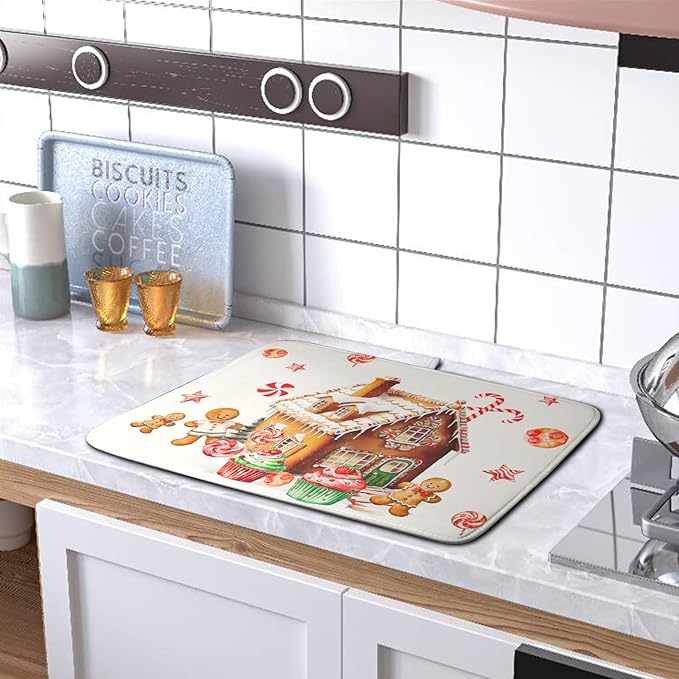 Christmas Gingerbread Man Drying Mat for Kitchen Counter Winter Cute Gingerbread House Candy Cane Cookies Dish Drying Mats Xmas Holiday Dish Drainer Mats Absorbent Reversible Drying Pad 18x24 Inch - Image 5