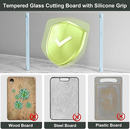 2PCS Glass Cutting Board with Silicone Grip, 80% Stronger Shatter Resistance and Slip Resistance,No Scratches/Microplastic-Free,Dishwasher Safe, Non Toxic Chopping Board for Kitchen (Blue)