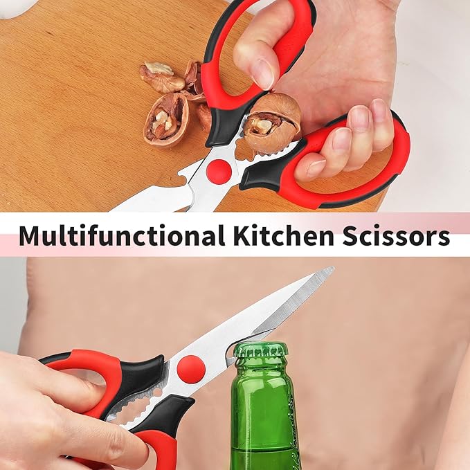 Kitchen Scissors, Sharp Stainless Steel Blades, Soft Grips, Multi-Purpose Heavy Duty Scissors Set, Red/Black, 3 Piece Set