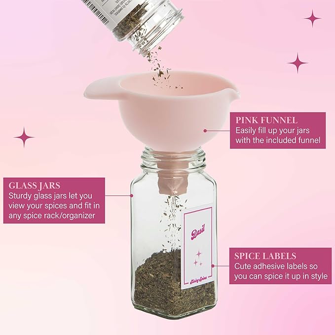 Paris Hilton Glass Spice Jar Storage Set, 4-Ounce Empty Spice Jars with Labels, Shaker Caps and Metal Lids, Collapsible Funnel Included, 20-Piece, Pink - Image 4