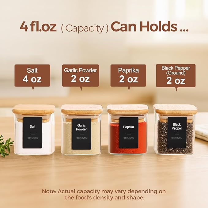 ComSaf 16Pcs Spice Jars with Labes, Glass Jar with Bamboo Lid, 4oz Airtight Square Spice Containers with Black Lables, Empty Seasoning Jars for Spice, Salt, Pepper, Sugar - Image 2