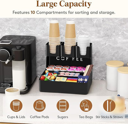Lifewit 2-tier Coffee Station Organizer Caddy for Countertop, 10 Compartments Coffee Bar Organizers for Cups, Pods, Sugar, Compact Condiment Holders Storage for Office Breakroom Kitchen Home Black - Image 2