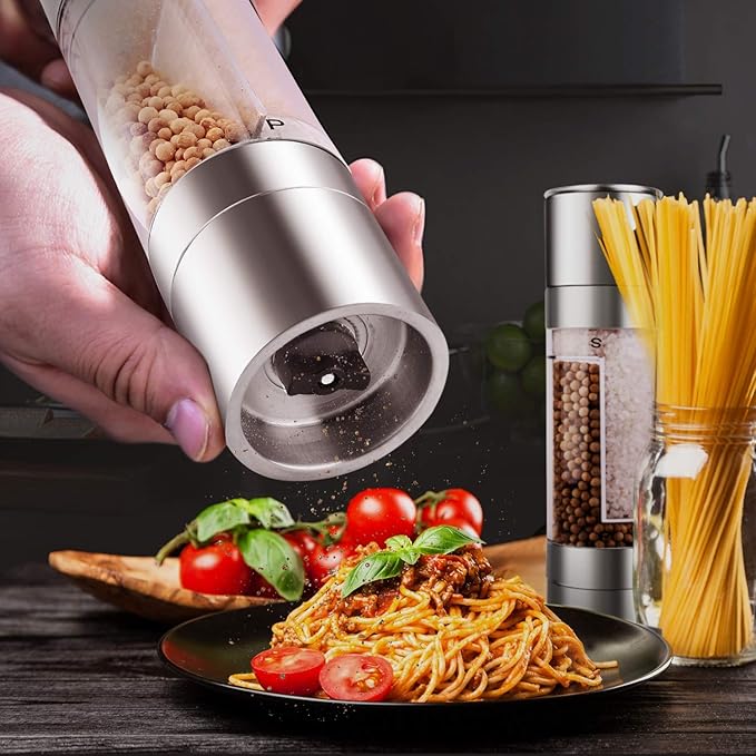 Mixoo Salt and Pepper Grinder - 2 in 1 Manual Stainless Steel Salt Pepper Mill Herb Spice Grinder Shakers Refillable with Adjustable Coarseness Ceramic Rotor and Dual Clear Acrylic Chamber - Image 7
