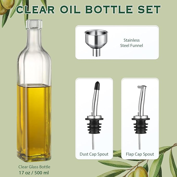 AOZITA 17oz Clear Glass Olive Oil Dispenser Bottle - 500ml Oil & Vinegar Cruet with Pourers and Funnel - Olive Oil Carafe Decanter for Kitchen - Image 2