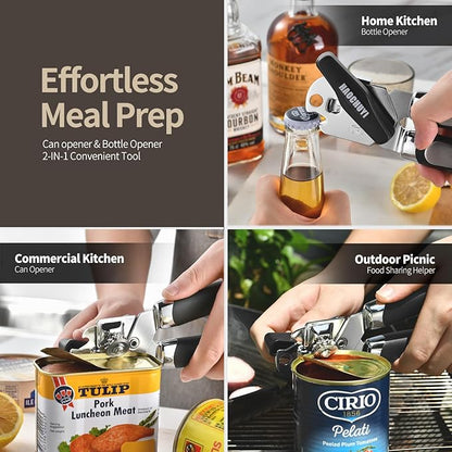 Heavy Duty Stainless Steel Smooth Edge Manual Can Opener and Bottle Openers, Soft Ergonomic Handle, Oversized Handheld Easy Turn Knob, Multifunctional Kitchen Tool, Black ﻿