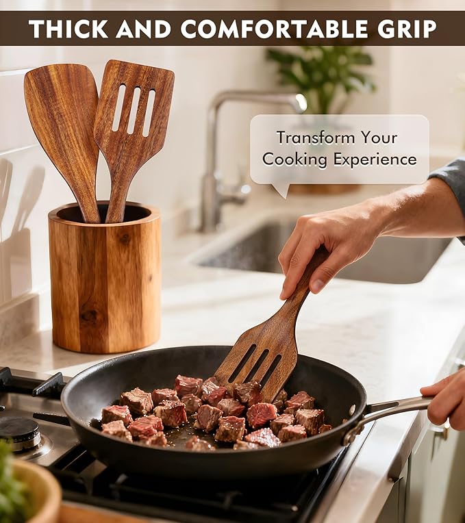 2Pcs Wooden Spatula, Acacia Wooden Spatula for Kitchen Use, Nonstick Cookware Safe Utensils Set including Turner and Slotted Turner, Ideal Cooking Utensils Gift Set for Cooking, Frying, Baking - Image 3