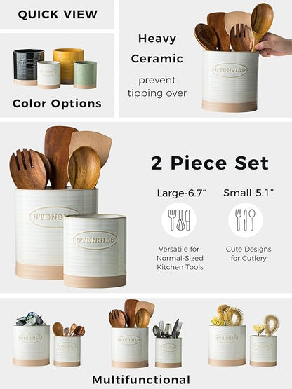 YHOSSEUN Utensil Holder Set of 2, Ceramic Utensil Holder for Kitchen Counter, 6.7"+5.1" Kitchen Utensil Crocks Spatula Holder for Countertop, Two-tone Finish Oval Opening - Image 2