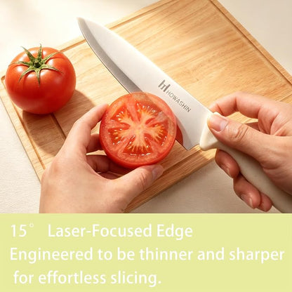 White Knife Set, Howashin 15 Pieces Kitchen Knife Set with Built in Knife Sharpener, High Carbon German Stainless Steel Knife Block Set, Dishwasher Safe Knives Set