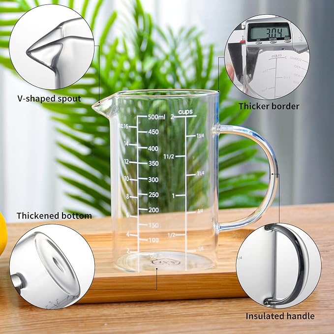 77L Glass Measuring Cup, [Insulated handle, V-Shaped Spout], High Borosilicate Glass Measuring Cup for Kitchen or Restaurant, Easy To Read, 500 ML (0.5 Liter, 2 Cup) - Image 7