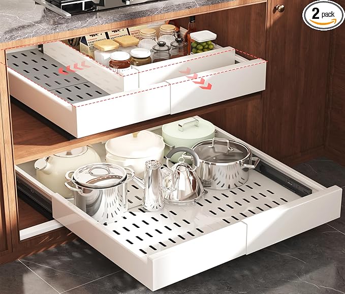 Seinloes 2 Pack Pull Out Cabinet Organizer Expandable Width(13"-21") and Depth(17"-24"), Slide Out Drawers With Raising Pad for Framed Cabinets, No Drill Roll Out Shelves for kitchen, Bathroom, White by Seinloes