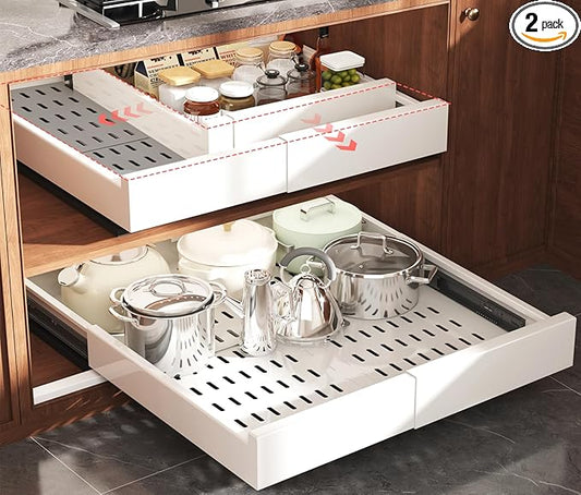 Seinloes 2 Pack Pull Out Cabinet Organizer Expandable Width(13"-21") and Depth(17"-24"), Slide Out Drawers With Raising Pad for Framed Cabinets, No Drill Roll Out Shelves for kitchen, Bathroom, White by Seinloes