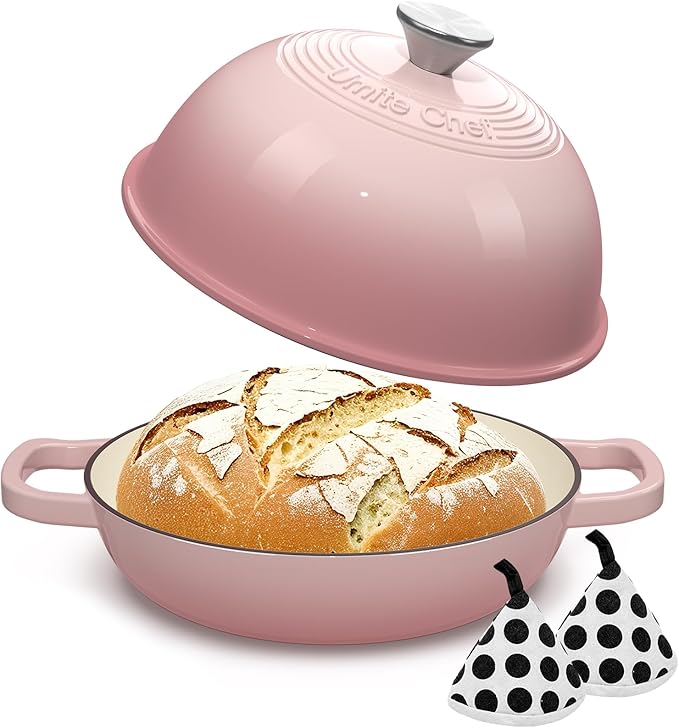 Cast Iron Dutch Oven Pot with Lid, Round Bread Oven for Sourdough Bread Baking, Umite Chef Enameled Cast Iron Bread Oven with Dome Lid & Cotton Potholders for Sourdough, Pink, 6 Quarts - Image 9