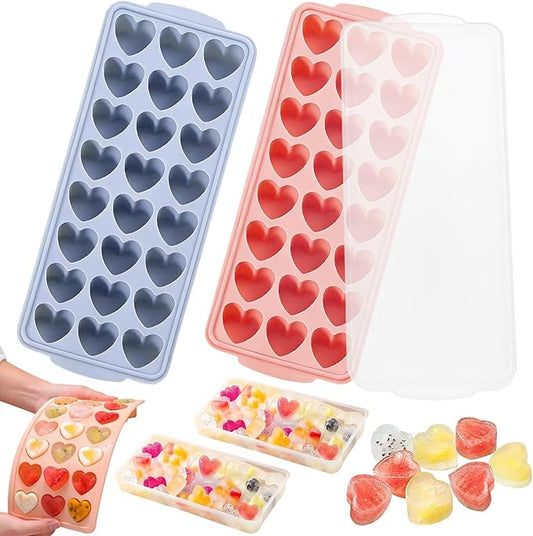 Heart Ice Cube Molds with Lid 2 Pcs Mini Heart Ice Cubes Tray for Whiskey Hearts Silicone Jello Chocolate Mold Hearts Pudding Soap Candle Molds Valentine Ices Cube Maker for Cocktails Beverages