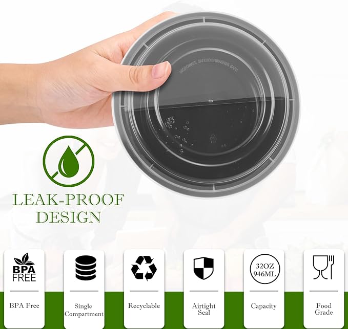 Meal Prep Containers Reusable 32oz - Meal Prep Bowls with Lids 50 Pack, Round Food Prep Bowls for Takeout, Disposable To Go Food Containers, Stackable, Leakproof, BPA-Free, Microwave/Freezer Safe - Image 3
