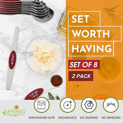 Spring Chef Red Stainless Steel Magnetic Measuring Spoons Set of 8 with Leveler, Metal Teaspoon & Tablespoon Measuring Spoons with Strong Magnets, Kitchen Gadgets for Baking & Cooking - Set of 2 - Image 3