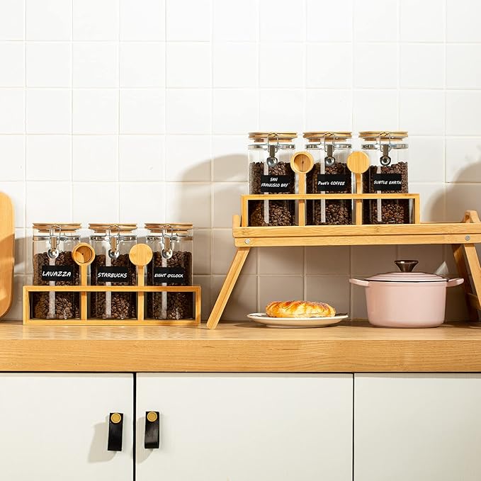 Yangbaga Glass Coffee Sugar Containers with Shelf, 3 x 45 OZ Coffee Bean Storage Station Organizer with Airtight Locking Clamp and Coffee Bamboo Scoop, Large Capacity Food Storage Jar for Kitchen - Image 7