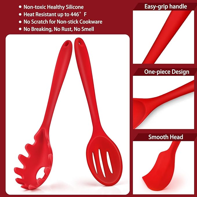 P&P CHEF Silicone Cooking Utensils Set of 7, Heat-proof Kitchen Utensils Set for Nonstick Cookware, Non-stick Spatula, Slotted Turner, Soup Ladle, Pasta Server, Spoon for Cooking Serving - Red - Image 3
