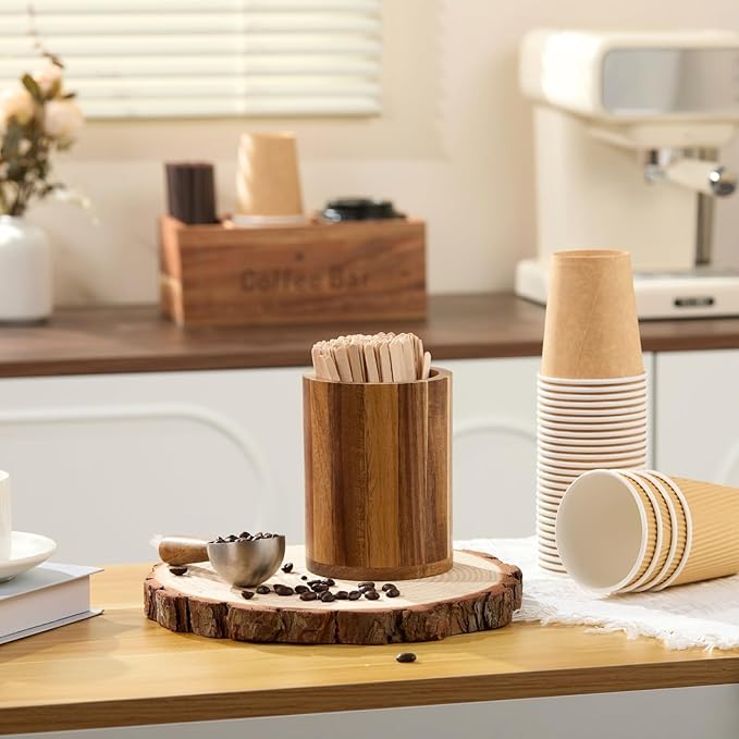 Acacia Wood Coffee Stirrer Holder Set with 100 Disposable Stir Sticks, Wooden Bar Accessories for Milk Cocktail Tea Drinks Straws, Organizer for Station Countertop - Image 7