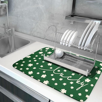 Giwawa St Patricks Day Dish Drying Mat Green Lucky Clovers Dish Drainer Mats 18"x24" Shamrock Holiday Microfiber Reversible Dish Drying Rack Pad Protector for Kitchen Countertop Large Decor