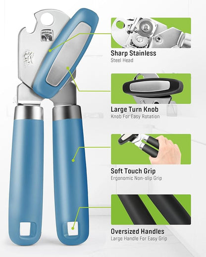 Multifunctional Can Opener Manual, Durable Heavy Duty Handheld Strong Can Opener with Smooth Cutting Edge, Friendly Kitchen Essentials Tool for Seniors, Camping and Bottle Opening-Blue - Image 4