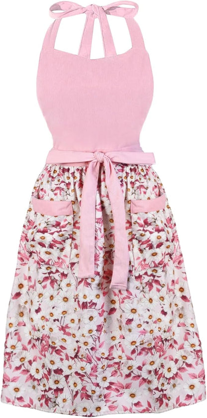Cute Floral Aprons for Women with Pockets,Cotton Adjustable Neck Strap Apron for Kitchen Cooking Baking Gardening
