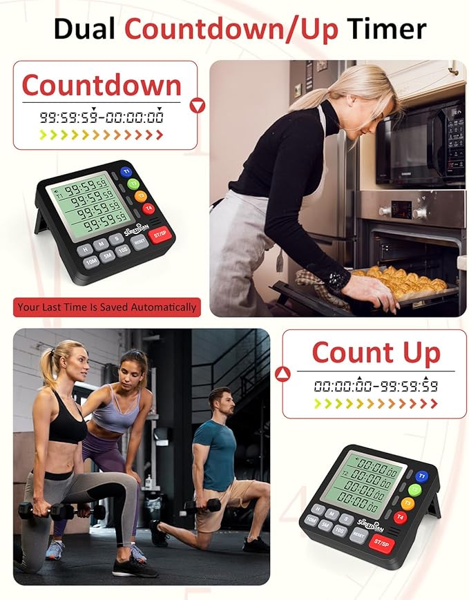 Digital Kitchen Timer for Cooking - 4 Channel Count Up Countdown Timer with Loud Alarm and Silent Mode, Large Display, Magnetic Back, Auto Memory for Classroom Study Gym, Battery Included (Black) - Image 6