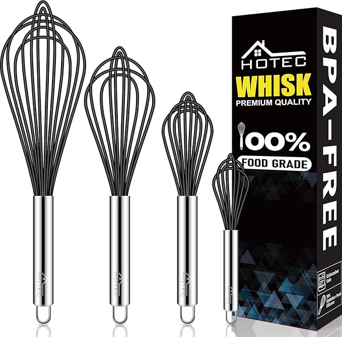 HOTEC 4 Pieces Silicone Whisks Set, Wire Balloon Whisks Egg Beater, Non-slip Handle Whisk for Non-stick Cookware Perfect for Cooking, Stirring, Beating and Blending (Black) by Hotec