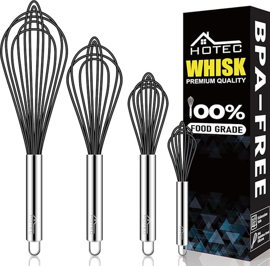 HOTEC 4 Pieces Silicone Whisks Set, Wire Balloon Whisks Egg Beater, Non-slip Handle Whisk for Non-stick Cookware Perfect for Cooking, Stirring, Beating and Blending (Black) by Hotec