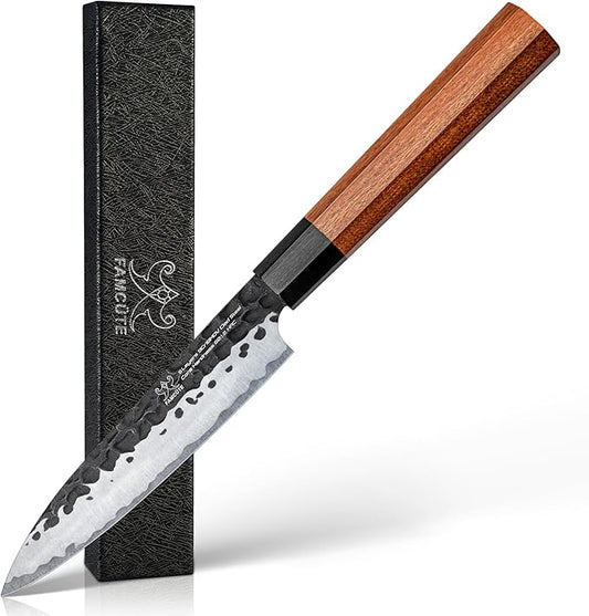 FAMCÜTE 5 inch Japanese Paring Knife, Hand Forged 5 Layers 9CR18MOV High Carbon Steel Professional Kitchen Small Knife With Rosewood Handle As a Warm and Beautiful Gifts for Mom/Dad by FAMC%C3%9CTE