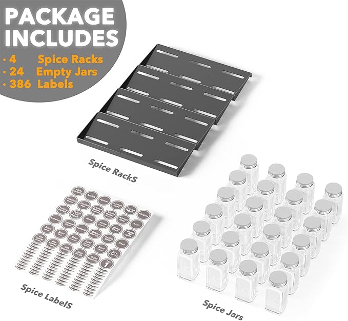 SpaceAid Spice Drawer Organizer with 24 Spice Jars, 386 Spice Labels, 4 Tier Seasoning Rack Tray Insert for Kitchen Drawers, 11.25" Wide x 17.5" Deep - Image 5